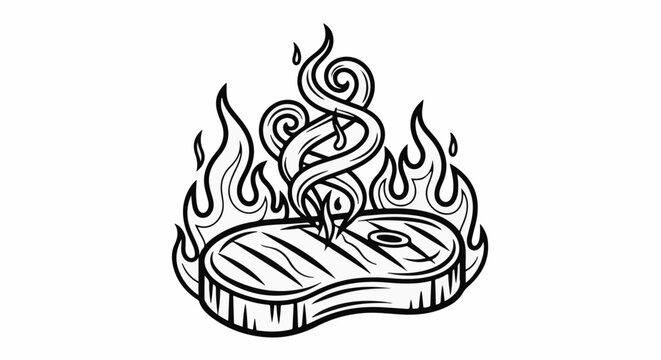A stylized black and white illustration of a steak cooking on a grill with flames