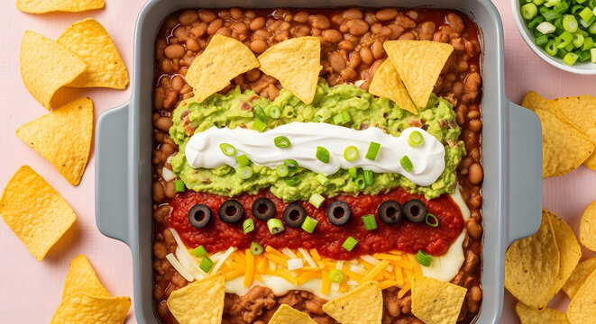 Layered seven layer dip in a baking dish with tortilla chips