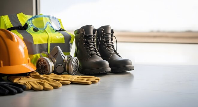 Construction safety equipment including hard hat and boots on a gray floor