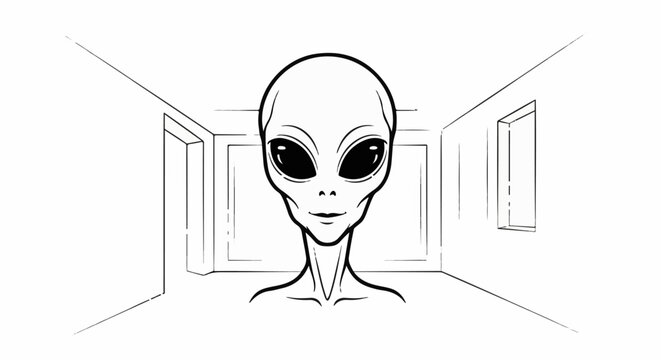 A striking depiction of a grey alien's head emerges from a minimalist interior