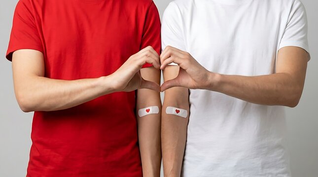 World blood donor day celebrating life saving donations with two donors showing arms after donation