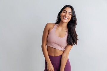 Fototapeta premium Young woman smiling and posing in neutral gray studio