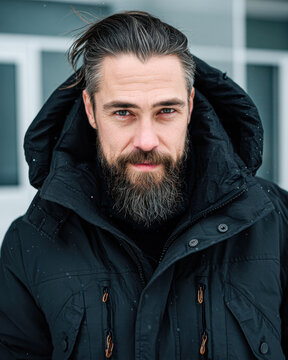 A bearded man in a black winter jacket stands outdoors in cold weather, looking confidently at the camera.