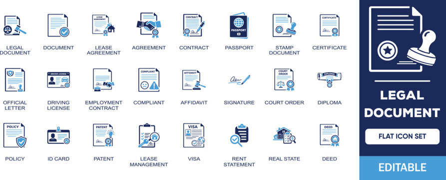 Legal document editable solid icon set. Containing document, agreement, contract, passport, certificate, stamp, visa, deed, ID card, license, patent and more vector illustration icons collection.