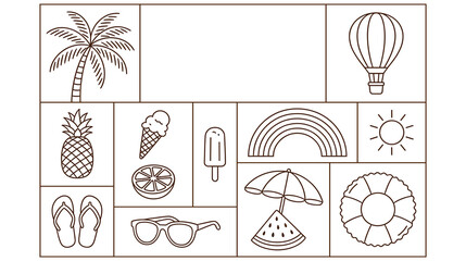 Summer vacation elements line art collection, doodle style drawings isolated on white background. © abedin