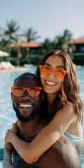 Fototapeta premium Couple laughing and embracing in tropical resort pool during holiday