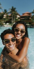 Obraz premium Young couple smiling and hugging in resort swimming pool
