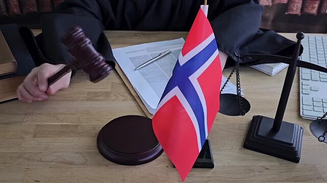 Courtroom setting with judge, Norwegian flag, and legal documents in Norway