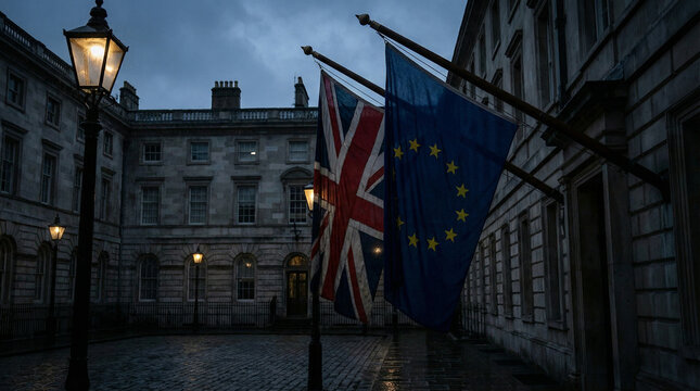 Brexit Referendum Anniversary UK EU Flags. British Union Jack and European Union flags side by side with dramatic moody lighting