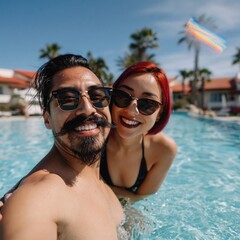 Obraz premium Smiling couple posing for selfie in resort swimming pool