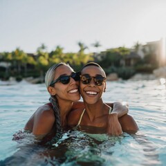 Fototapeta premium Two women embracing and smiling in resort swimming pool