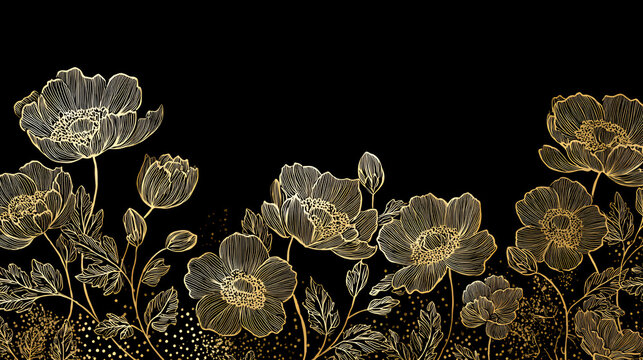 Vector gold floral pattern, elegant line art flowers and leaves, luxury background. Modern design border, frame, wedding cards, branding and decorative template Stock Vector