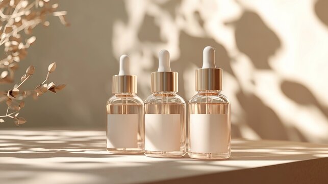 Serene Trio of Dropper Bottles with Golden Accents and Soft Natural Light Shadows.
