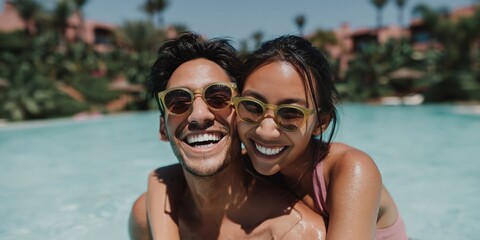 Obraz premium Young couple smiling together while standing in pool