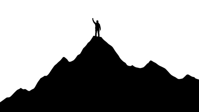 Silhouette of a person raising hand on mountain peak, symbolizing achievement and success.