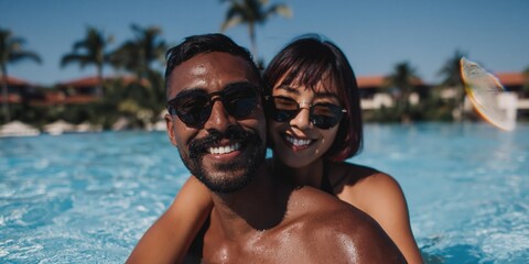 Obraz premium Smiling couple embracing while in resort swimming pool
