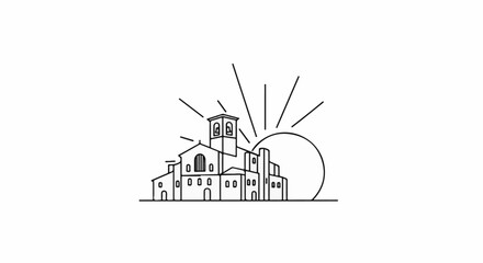 Naklejka premium Outline of a bell tower and buildings beneath a sunburst