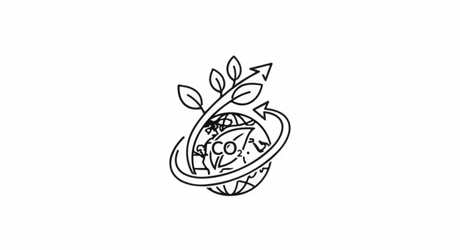 Outline drawing of earth with plant and arrows showing growth and CO2 cycle