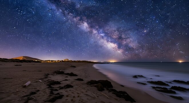 Night Sky Over Ocean Shoreline with Milky Way Galaxy Visible and Coastal Town Lights in Distance