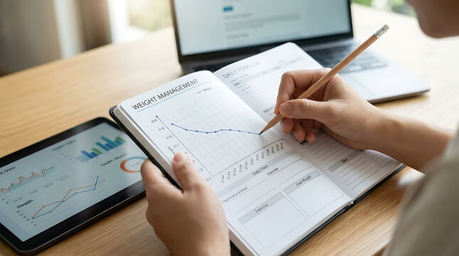 Close-up view of person monitoring weight management progress in handwritten planner notebook with data graph chart using pencil at office desk with digital tablet and laptop for health goals.