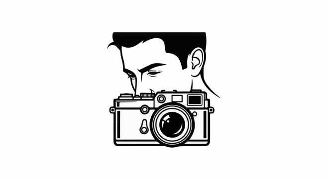 Man looking through vintage camera lens, black and white line art