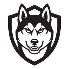 Fierce husky dog head logo emblem with sharp teeth and aggressive expression inside shield icon © designer_hubs