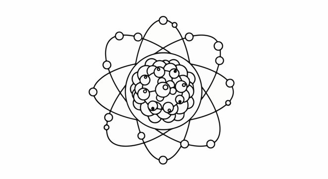 Stylized atom with nucleus and orbiting electrons depicted with circles and lines
