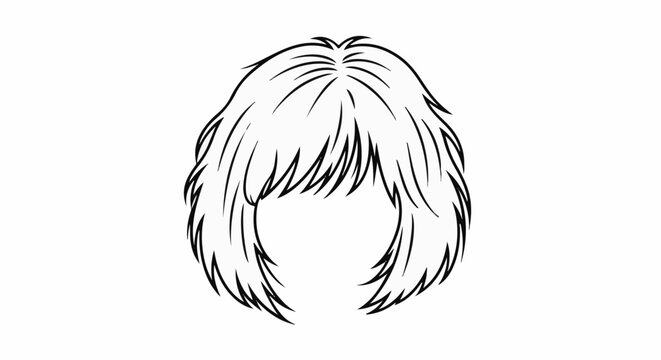 Black and white illustration of a woman's layered, mid-length haircut with bangs