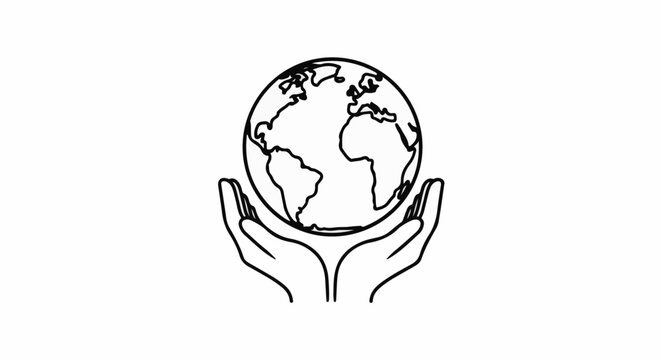 Outline of two cupped hands holding a simplified globe