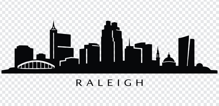 Black silhouette of raleigh city skyline with notable buildings and bridge