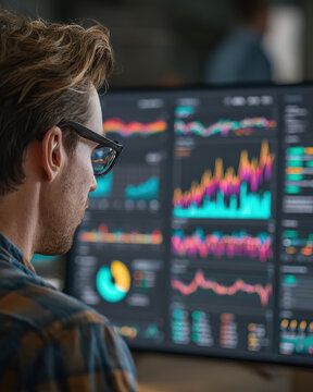 Analyst at Work: A focused analyst intently examines complex data visualizations, his glasses reflecting the dynamic patterns of financial markets, revealing insight and analysis.