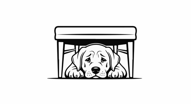 Sad dog hiding under a table