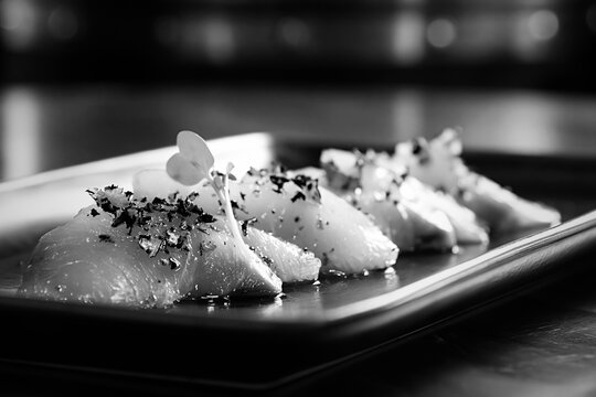 Gourmet truffle yellowtail sushi sashimi served on a dark plate