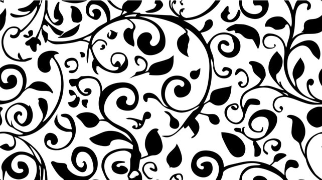 Swirling vine leaf pattern black white seamless design. Intricate swirling vine leaves creating an elegant botanical continuous pattern