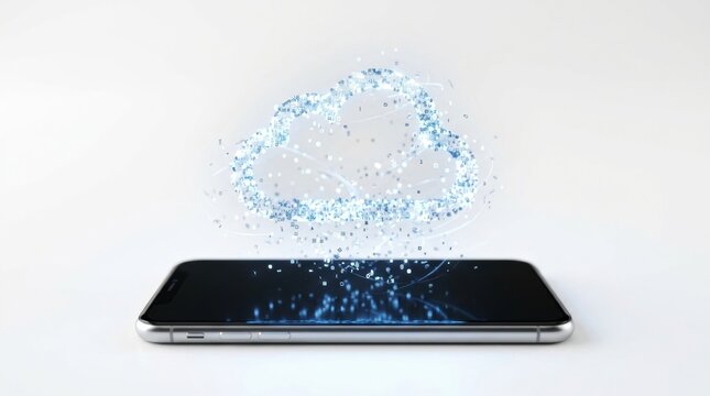 Futuristic cloud symbol materializing from sleek tablet with glowing blue digital particles