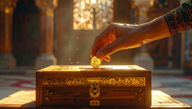Hand placing coin in wooden donation box for charity.