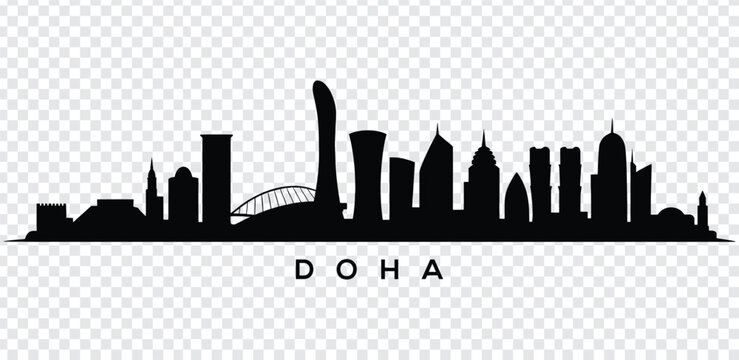 Black silhouette of doha city skyline with various buildings and towers