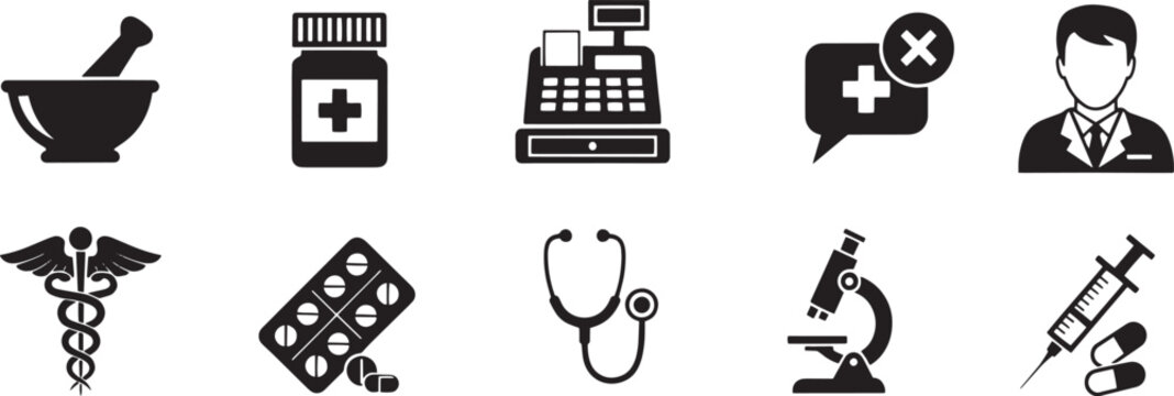A black and white graphic illustration features a collection of medical icons arranged in a grid.