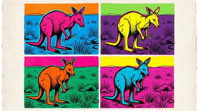 Pop Art Four-Panel Grid Kangaroo Illustration