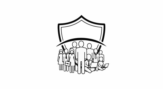 Diverse team members gathered beneath a protective shield emblem