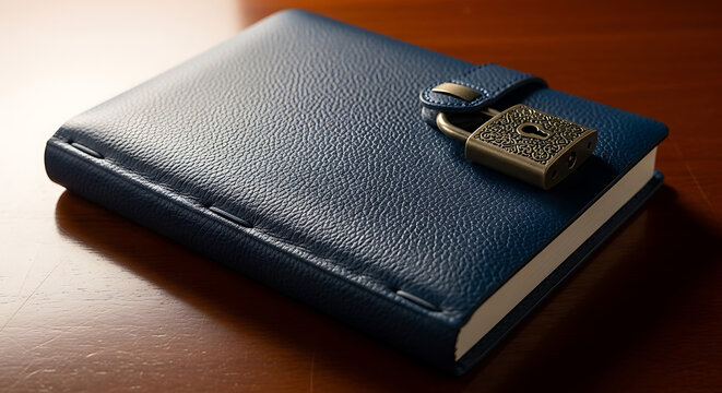A closed navy blue leather-bound diary secured with a small brass padlock