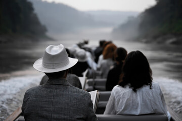 Fototapeta premium A group of people on a boat, surrounded by misty nature, enjoying a tranquil river journey through lush greenery, capturing serene moments of reflection and connection.
