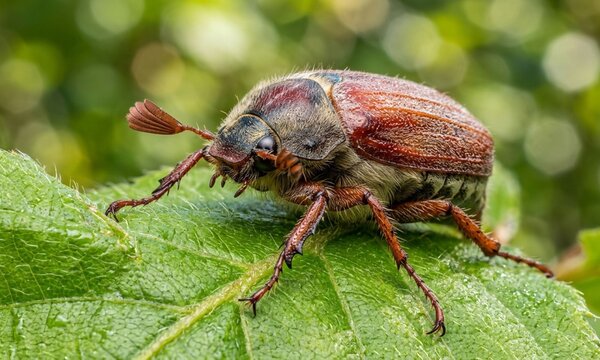 Macro Close-Up of May Beetle on Green Leaf with Natural Light