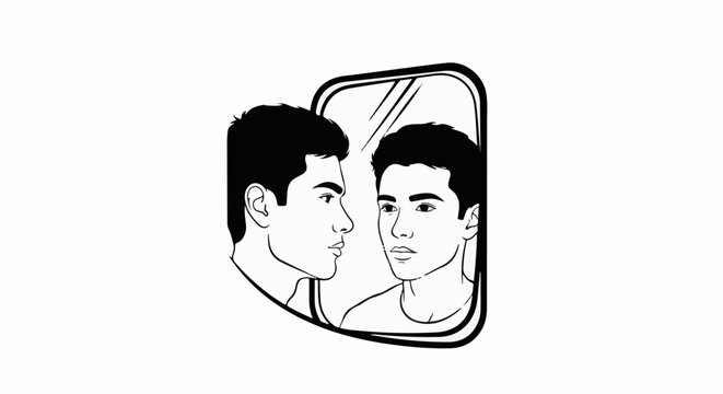 A person looks at their reflection in a mirror, examining their face