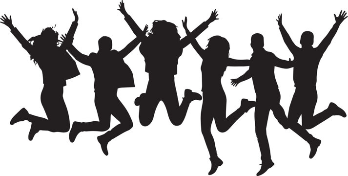 Silhouette of happy people jumping with arms up in air