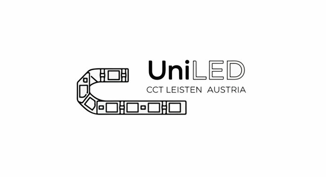 Stylized led strip with text "UniLED CCT LEISTEN AUSTRIA" in black and white