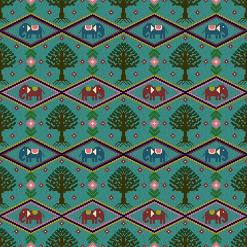 Seamless pixel art pattern featuring elephants and trees in a traditional ethnic style