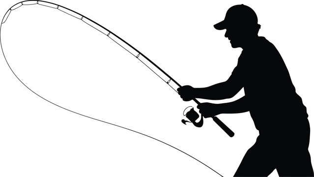 Fisherman casting fishing rod vector silhouette isolated on transparent background design element.