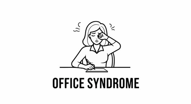 Woman at desk rubs eyes, showing fatigue from prolonged office work