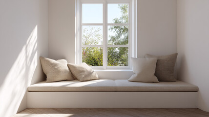 Fototapeta premium minimal window seat with bookshelves and one plant, off-white cabinetry, simple wall paneling, soft diffused daylight, clean composition